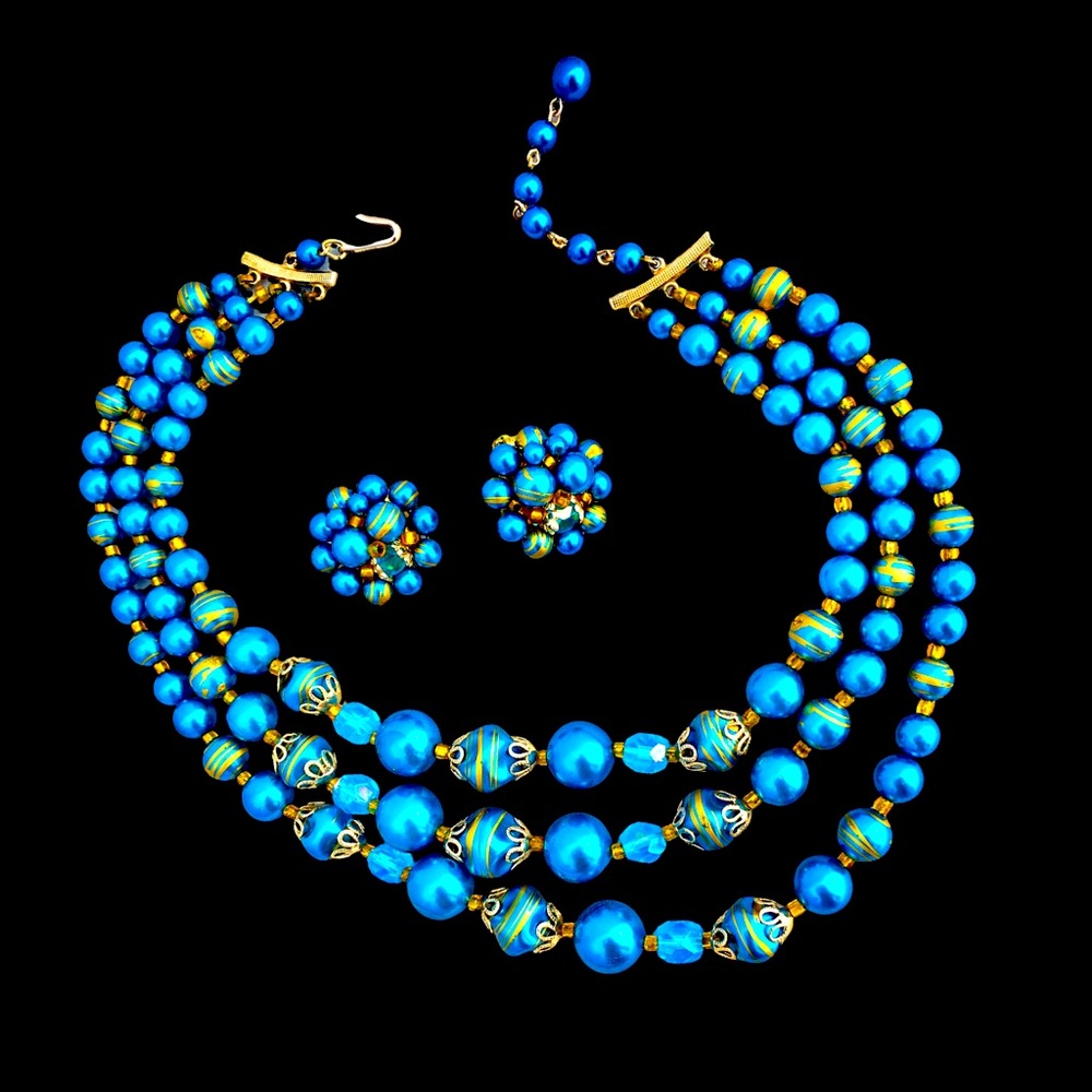 Wow! Vibrant Blue Gold Mid Century Beaded Parure